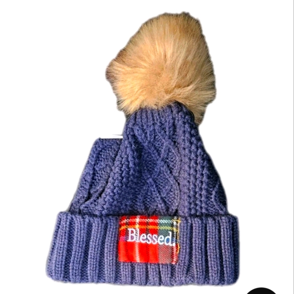 David & Young Blessed Beanie Hat Navy Blue Pom Vegan Faux Fur Cruelty-Free Knit